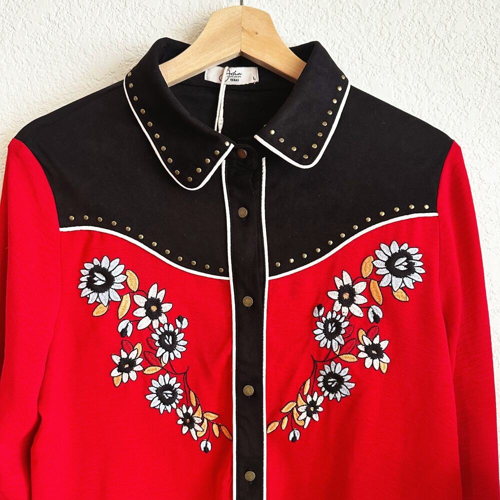 John Moon Womens Western Embroidered Fringe Button Up Shirt Large Cowgirl Rodeo - Picture 2 of 8